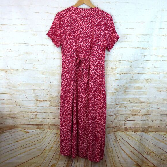 Saks Fifth Avenue Dress Womens US 12 Red Ditsy Floral Button Midi Viscose Boho - Picture 3 of 11